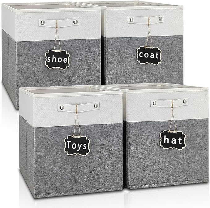13x15x13 storage cube bins 4 Pack,Collapsible Fabric Storage Cubes with Labels,Linen Cube Storage Organizer Bins with Cotton Handles,Square Storage Cubes for Home,Office,Clothes,Cabinet(White Grey).