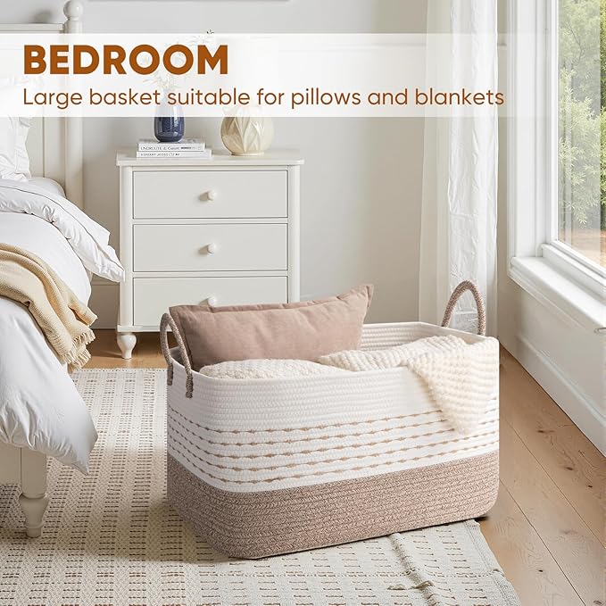 Large Blanket Basket for Toys, Pillow and Clothes, 75L Woven Storage Baskets for Blankets Living Room, Rectangle Cotton Rope Toy Basket with Handles-Brown & White