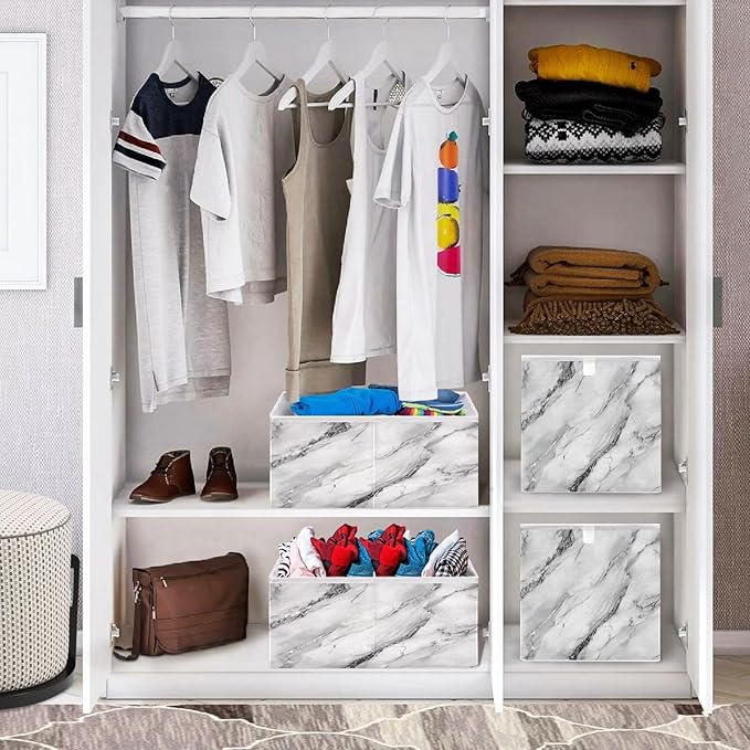 White Marble with A Hint of Black Pattern Closet Organizers Storage Cubes Storage Bins Shelf Baskets Containers for Home Room Office,Square