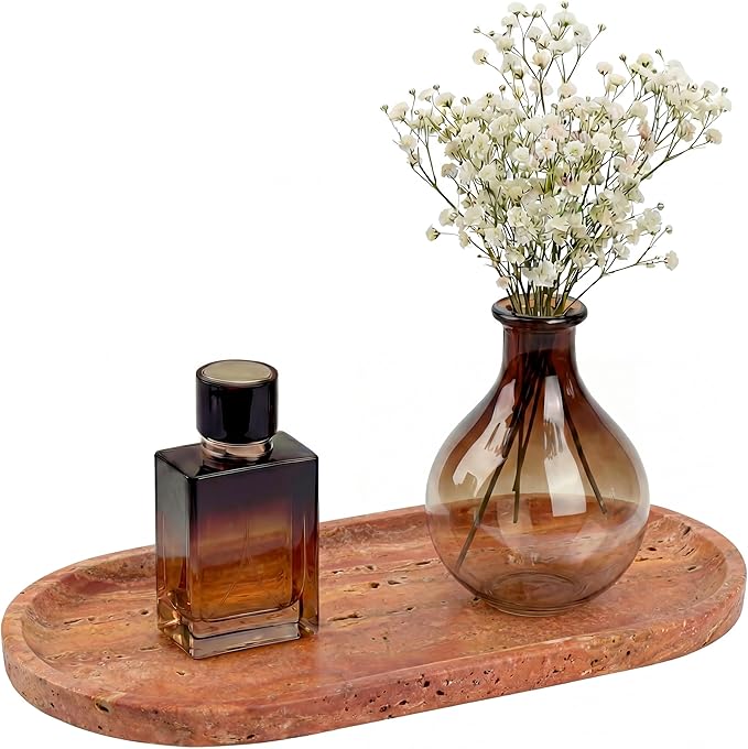 YKAJO Natural Red Limestone Vanity Tray - 100% Authentic Stone Decorative Catchall for Bathroom Counter, Perfume Organizer, Jewelry & Entryway Key Dish - Modern Home Decor, 11.6" x 5.9"