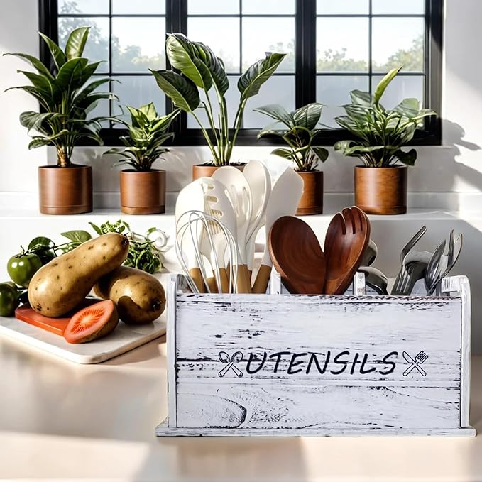 Utensil Holder Rustic Wood White Large Farmhouse Spatula Organizer for Kitchen counter Farmhouse,Countertop,Cooking Tools Storage (White)