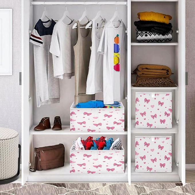 Bolaz Pink Bows Hearts Pattern Closet Organizers Storage Cubes Storage Bins Shelf Baskets Containers for Home Room Office,Rectangle