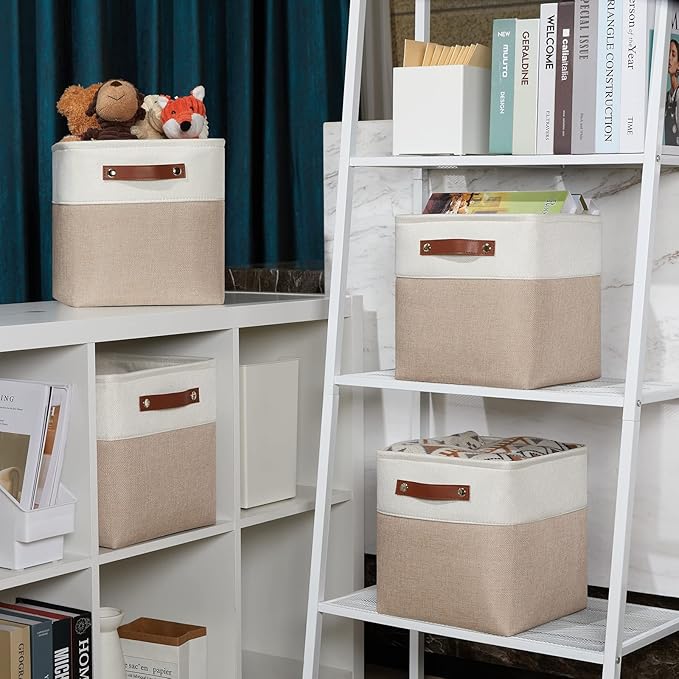 DULLEMELO 11 inch Cube Storage Bins, Large Collapsible Grey Storage Baskets for Square Cubes Organizing, Fabric Boxes Bins for Shelves Nursery Home Office Storage(4 Pack - 11" White&Khaki)