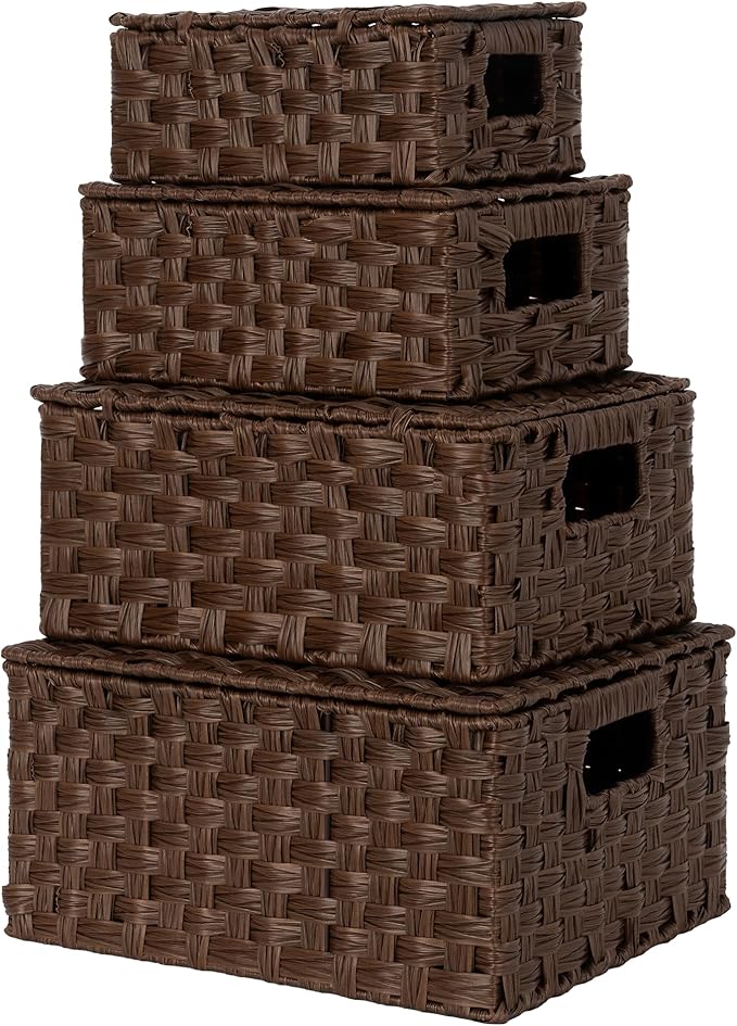GRANNY SAYS Wicker Baskets with Lids, Set of 4 Brown Basket, Decorative Storage Boxes, Woven Basket for Organizing, Storage and Organizer Baskets
