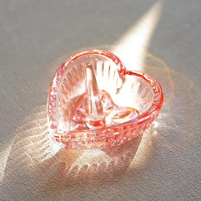 H&D HYALINE & DORA Glass Ring Holder Dish,Crystal Glass Heart Shaped Ring Holder for Women, Crystal Jewelry Tray for Rings,Earrings(AB color-pink)