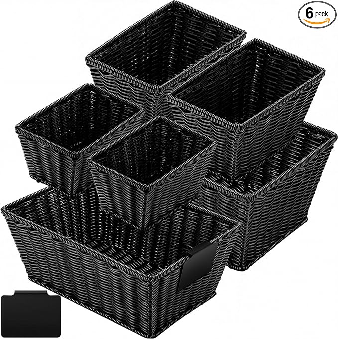 Marsui 6 Pcs Wicker Storage Baskets with Labels Handwoven Multi-size Black Wicker Storage Bins for Organizing Small Baskets Container for Shelves Closet Pantry Toilet