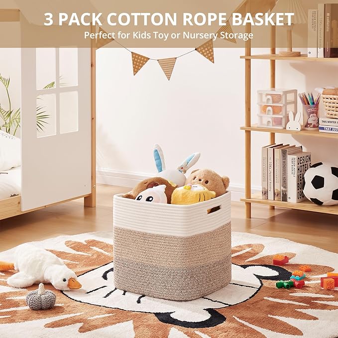 OIAHOMY 13 Kallax Inch Cube Storage Bins, 3-Pack Cotton Rope Woven Baskets for Organizing, Kallax Insert Storage Baskets for Shelves, Baby Nursery, Closet Organizer, 13 * 13 * 12.6IN, Gradient Brown