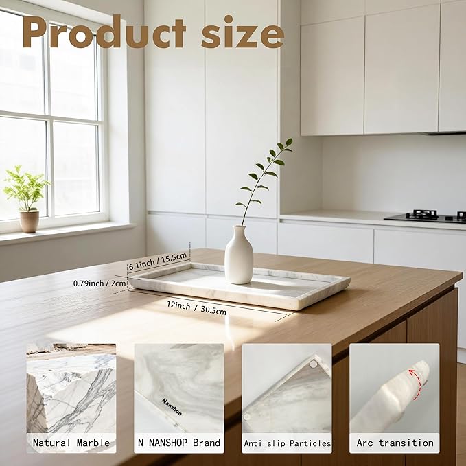 Natural Marble Vanity Bathroom Tray, 12 x 6 Inch Elegant Home Decor Tray for Kitchen,Bathroom,Dresser, Coffee Table,Sink Storage Holder Organizer, Jazz White (NS051)