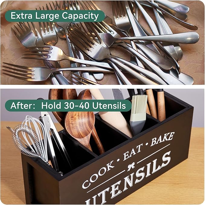 Utensil holder for Kitchen Counter Large Round Utensils Holder with Wooden Base Matte Black Cooking Utensil Holder，Kitchen countertop Utensil Organize (Black-4 Compartments)