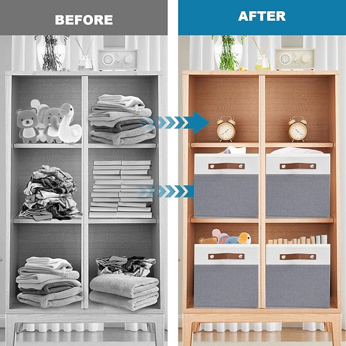 4 Pack Large Fabric Storage Baskets for Shelves , Closet Storage Bins for Shelves, Fabric Baskets for Organizing with Handles for Home organization and Storage (White with Grey,15"L*13"W*13"H)