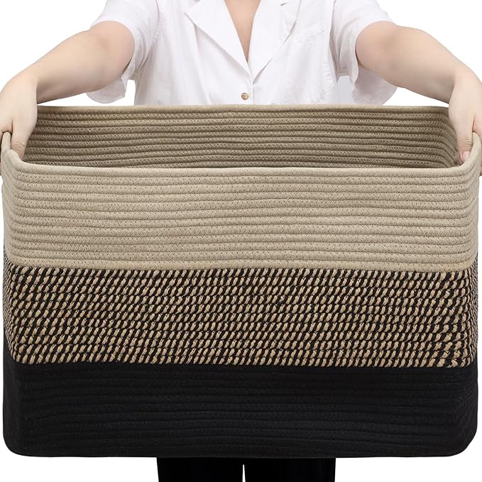 95L Large Blanket Basket, Woven Storage Baskets with Reinforced Handles, Rope Laundry Basket for Living Room, Bedroom, Nursery, Toys, Clothes,Pillows, 24â x 17â x 13.5â, Black & Brown