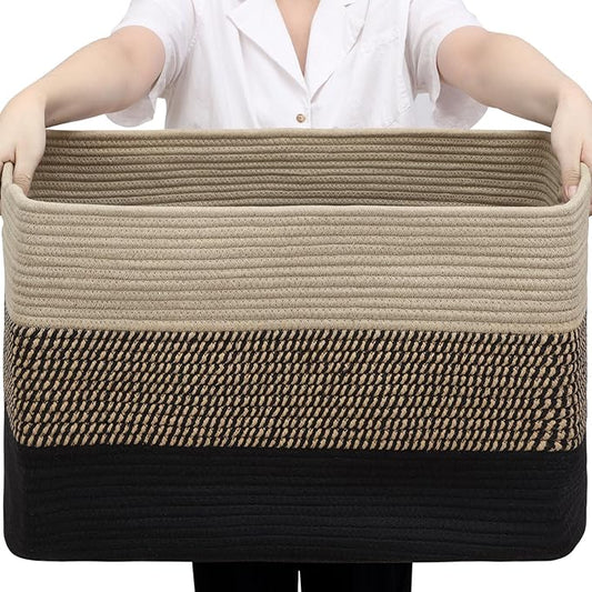 95L Large Blanket Basket, Woven Storage Baskets with Reinforced Handles, Rope Laundry Basket for Living Room, Bedroom, Nursery, Toys, Clothes,Pillows, 24â x 17â x 13.5â, Black & Brown