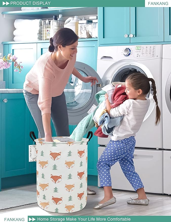 FANKANG Storage Basket, Nursery Hamper Canvas Laundry Basket Foldable with Waterproof PE Coating Large Storage Baskets for Kids Boys and Girls, Office, Bedroom, Clothes,Toysï¼Fox ï¼