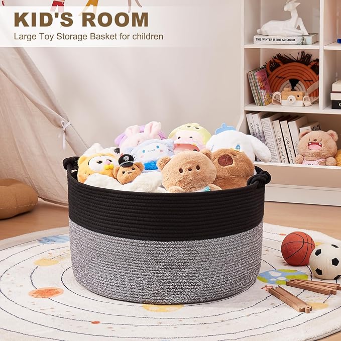 Large Blanket Storage Basket for Living Room, 22.8" x 22.8" x 13" Woven Cotton Rope Basket with Handles, Baby Toy Storage, Laundry Hamper for Clothes, Pillows, Towels-Black and Grey