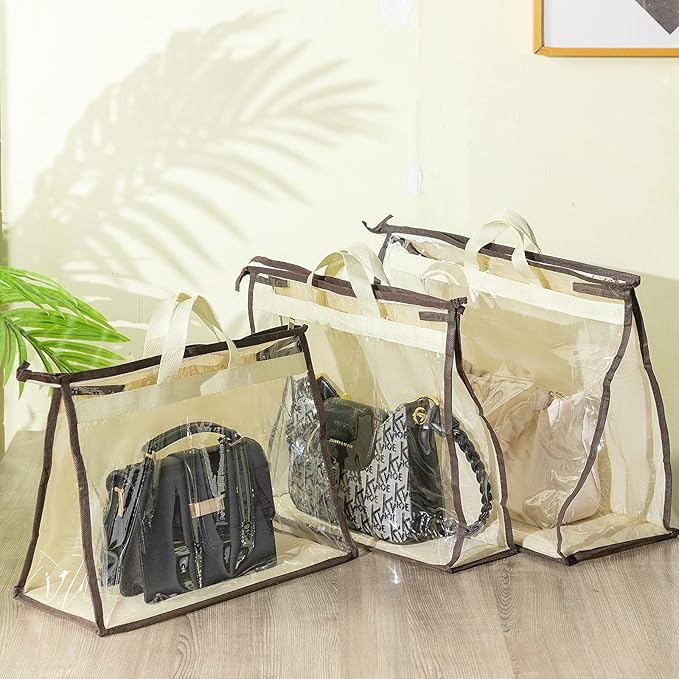16 Pack Clear Handbag Storage Organizer and 16 Stainless Steel S-Hooks Anti-dust Purse Storage Bags with Zipper and Handle Moisture Proof Dust Cover Organizer Bags for Closet Hanging, 4 Assorted Sizes