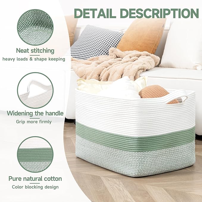 CLHMILY&Z Stylish Square Cotton Rope Storage Basket (Green & White, 85L)