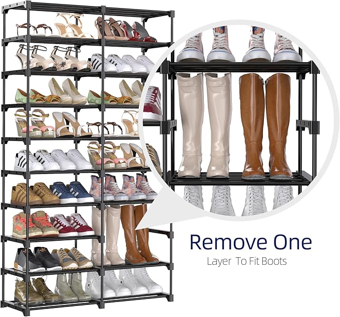 9-Tier Shoe Rack - 36-40 Pairs Organizer with Nonwoven Fabric Cover, Double Row for Closet (Black Rack with Gray Cover)