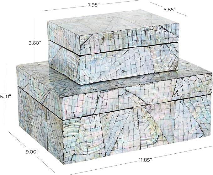 Deco 79 Mother of Pearl Shell Abstract Handmade Decorative Box Angular Mosaic Storage Decorative Keepsake Box with Iridescent Finish, Set of 2 Storage Box 12", 8"W, Multi Colored