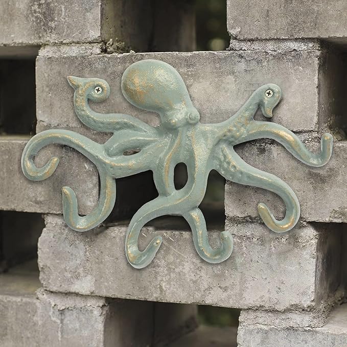 Octopus Iron Wall Hooks for Hanging, Rustic Decorative Hooks/Key Holder/Coat Hooks/Towel Hooks with 6 arms - Gold Green