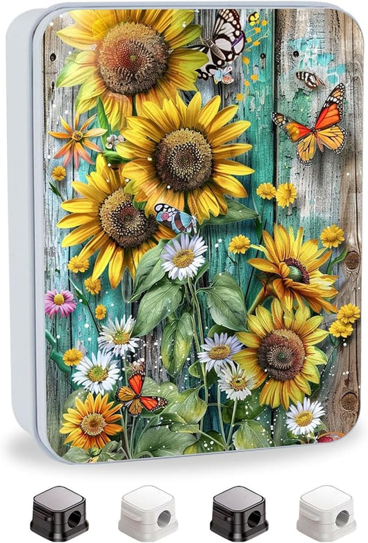 Metal Tin Box with Lid,Multi-functional Storage Large Box Can Store Tea Biscuits Game Cards, Playing & Tarot Cards-Comes with 4 Magnetic Cord Clips,Sunflowers Daisies and Butterflies