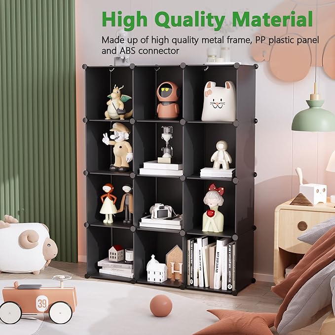 C&AHOME Cube Storage Organizer, 12-Cube Shelves Units, Closet Cabinet, DIY Plastic Modular Book Shelf, Ideal for Bedroom, Living Room, Office, 36.6" L x 12.4" W x 48.4" H Black SHS3012B