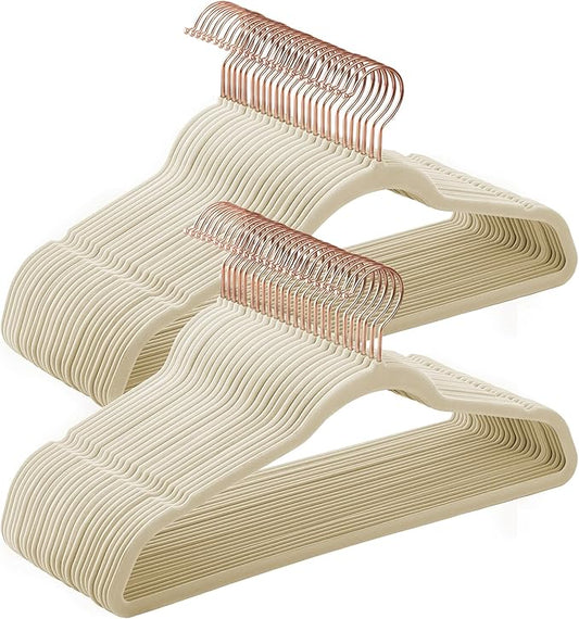 SONGMICS Slim Velvet Hangers, Non-Slip Clothes Hangers with Rose Gold Swivel Hooks, Space-Saving, for Closet, 50 Pack, Sandy Beig UCRF026K50