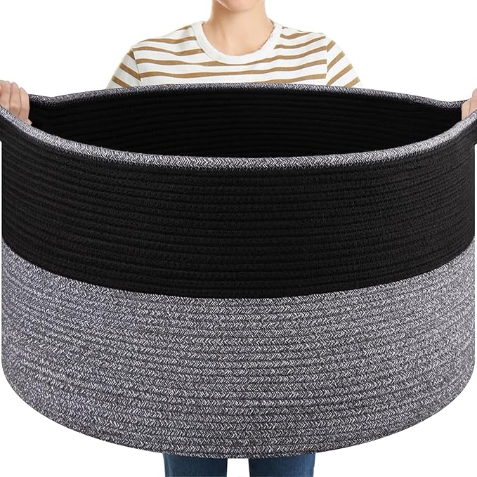 Large Blanket Basket with Handles, 22.8" x 22.8" x 13" Woven Storage Basket for Living Room, Cotton Rope Baby Toy Storage for Clothes, Pillows, Towels-Black and Grey
