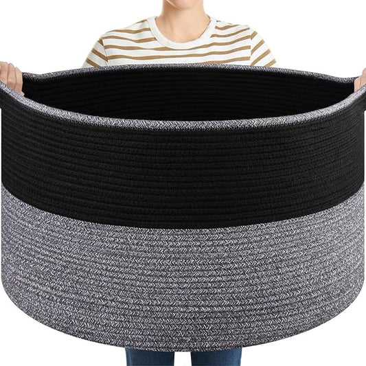 Large Blanket Basket with Handles, 22.8" x 22.8" x 13" Woven Storage Basket for Living Room, Cotton Rope Baby Toy Storage for Clothes, Pillows, Towels-Black and Grey