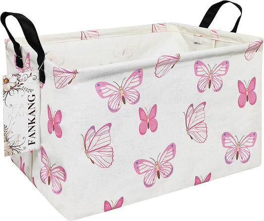 FANKANG Storage Bins, Nursery Hamper Canvas Laundry Basket Foldable with Waterproof PE Coating Large Storage Baskets for Kids Boys and Girls, Office, Bedroom, Clothes,Toys(Rec-pink butterfly ）