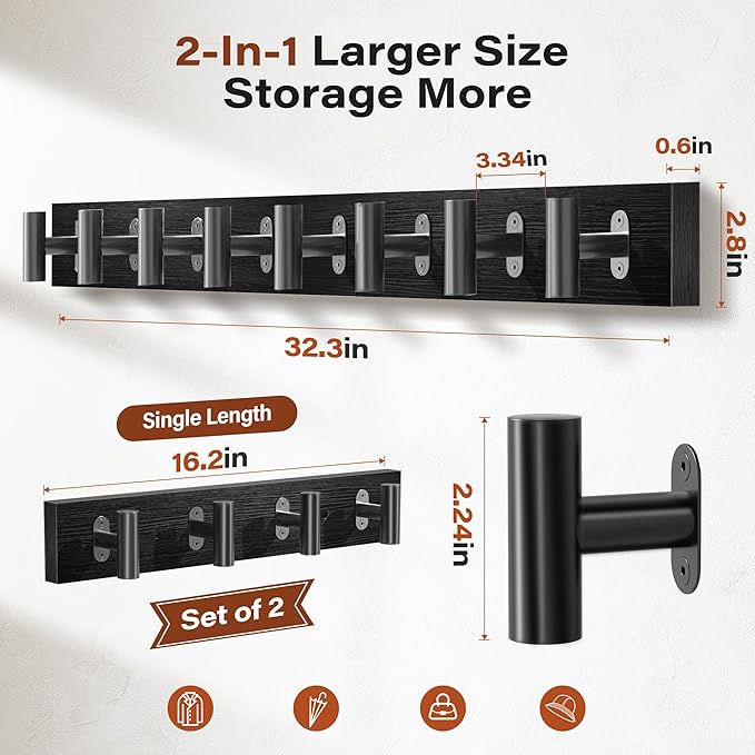 2 Pack Coat Rack Wall Mount, Black Coat Hooks Wall Mounted with 8 Metal Heavy Duty T Shaped Hooks, Pine Soild Wood Large Coat Hanger for Entryway, Living Room, Bathroom (32.3")