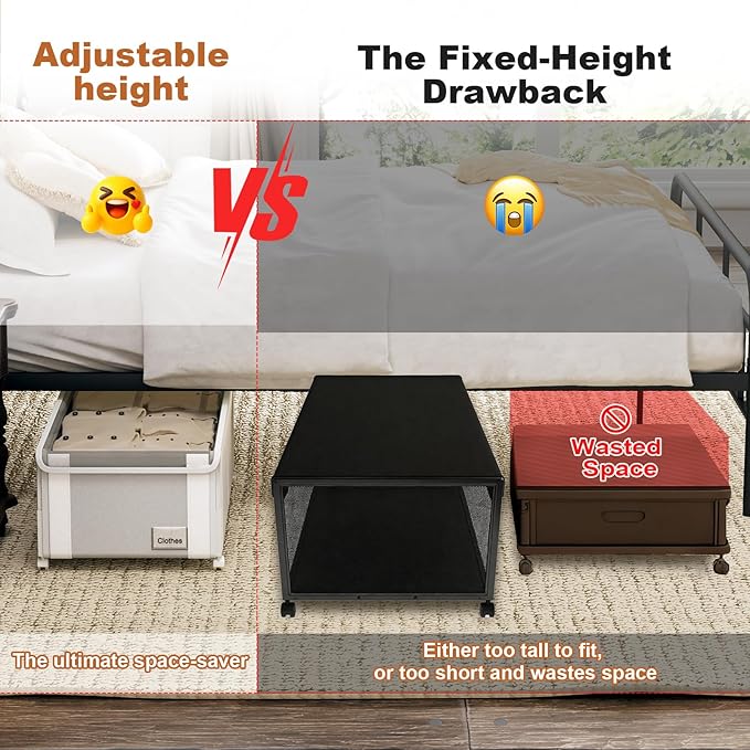 2Pack Under Bed Storage with Wheels,9.5"-12"Tall Adjustable Height Underbed Storage,Deep Under Bed Storage Containers,Rolling Under Bed Clothes Storage,Metal Under Bed Drawers for Shoes,Blankets,Toys