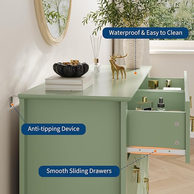 GarveeHome Fluted Dresser for Bedroom, 47.2 Inch Wide 6-Drawer Wood Dresser, Modern Chest of Drawers, Storage Organizer Cabinet for Living Room, Hallway, Entryway, Green
