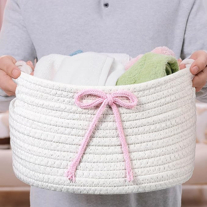 Breling 3 Pieces Pink Bow Baskets Coquette Bow Cotton Rope Storage Basket Pink Woven Gift Baskets Laundry Hamper Rope Bin with Handles for Decoration Organization Storage for Nursery, Pet Toy Basket