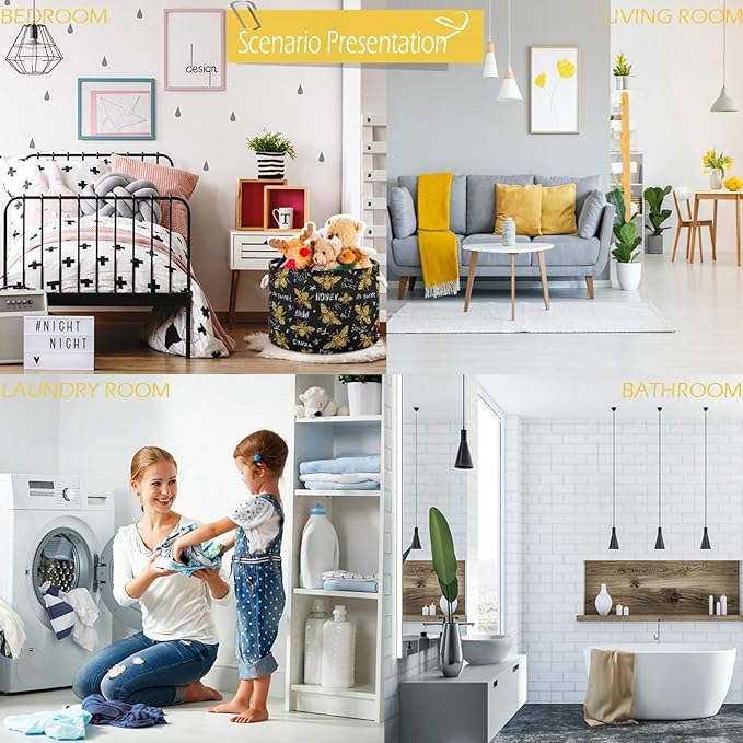 visesunny Storage Basket Golden Honey Bee Animal Nursery Hamper Canvas Fabric Toy Storage Organizer Bin Storage Box Laundry Basket for Kid Rooms,Playroom,Shelves,Toy Basket