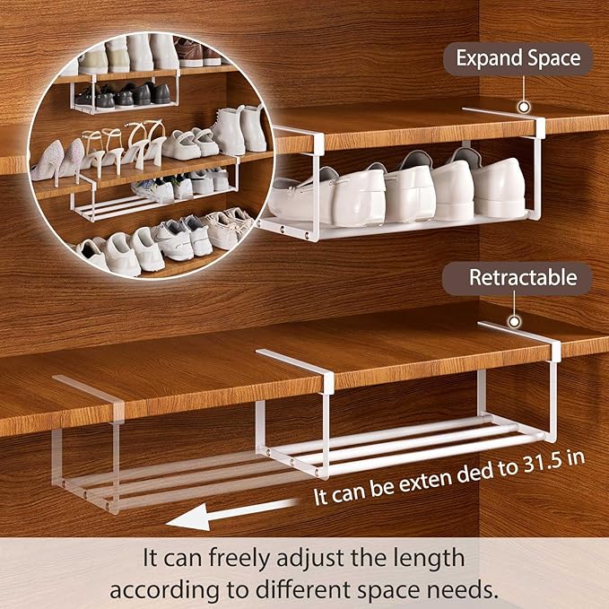 Expandable Shoe Rack Organizer, Hanging Shoe Organizer for Closet & Adjustable Under Cabinet Shelf,Shoe Storage Rack Retractable for Kitchen and Clothing Storage(White, 1 Pack)
