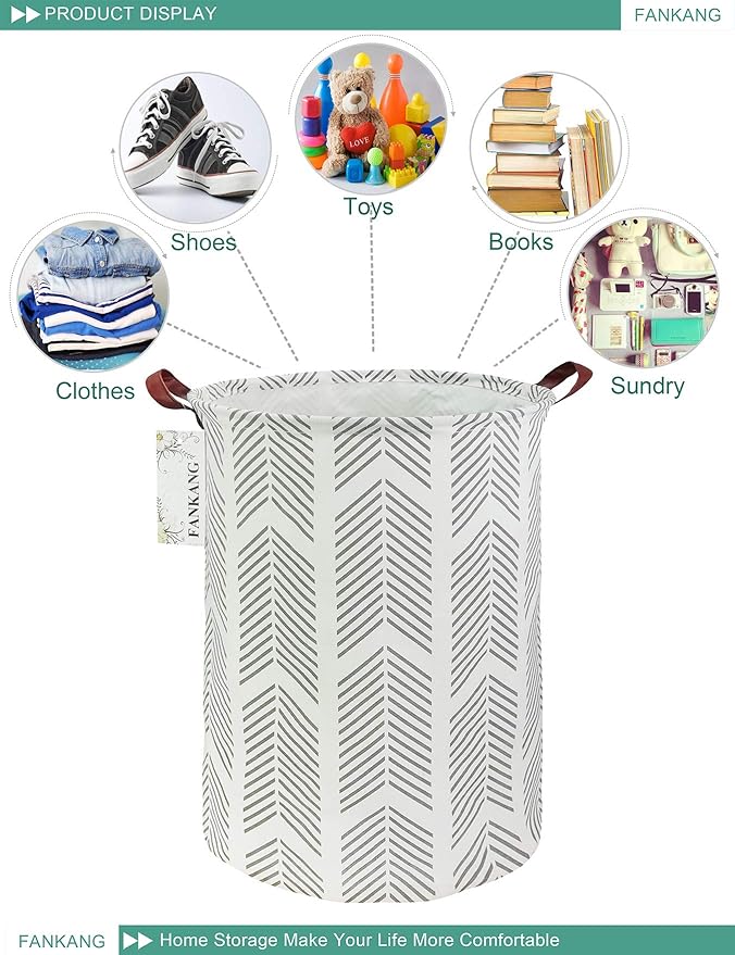 FANKANG Storage Basket, Nursery Hamper Canvas Laundry Basket Foldable with Waterproof PE Coating Large Storage Baskets for Kids Boys and Girls, Office, Bedroom, Clothes,Toysï¼Grey arrowheadï¼