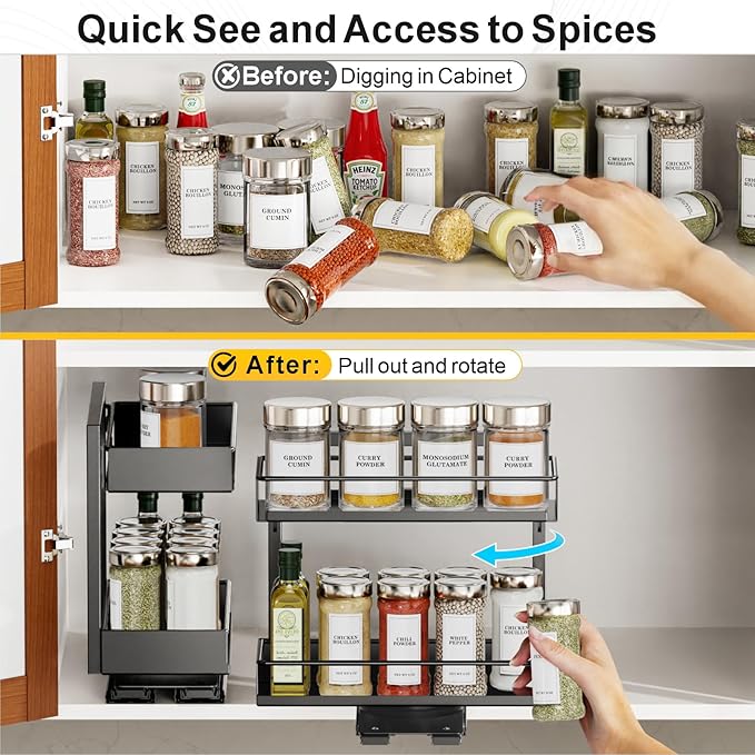 iSPECLE Spice Rack Organizer for Cabinet - 2 Pack Rotate Pull Out Spice Racks for Easy Access, Adjust Height to Fit 4 oz to 8 oz Spice Jars, Peel and Stick, 10.2" D for Small Kitchen Cabinet