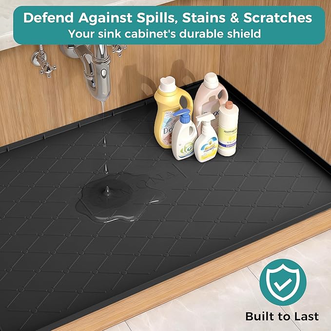 URMONA 34" x 22" Waterproof Silicone Mat in Multiple Sizes & Colors, Under Sink Mat for Kitchen & Bathroom, Pet Food Pad for Dogs & Cats, Kitchen Cabinet Liner, Multi-Purpose for Storage(Black)