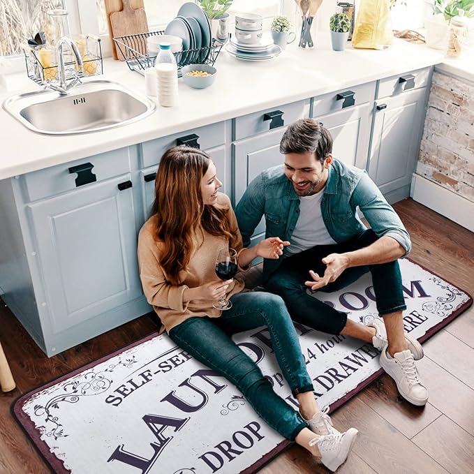Laundry Room Long Mat Area Rug Non-Slip Floor Mat Waterproof Farmhouse Carpet for Kitchen 40" x 20"(White-1)