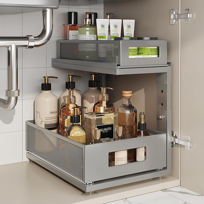 1 Pack Under Sink Organizer With Next-Gen Ball-Bearing Slides,2-Tier Pull Out Cabinet Storage,Height Adjustable Drawer Shelf for Bathroom,Kitchen,Laundry,Cabinet,Pantry-Gun Gray