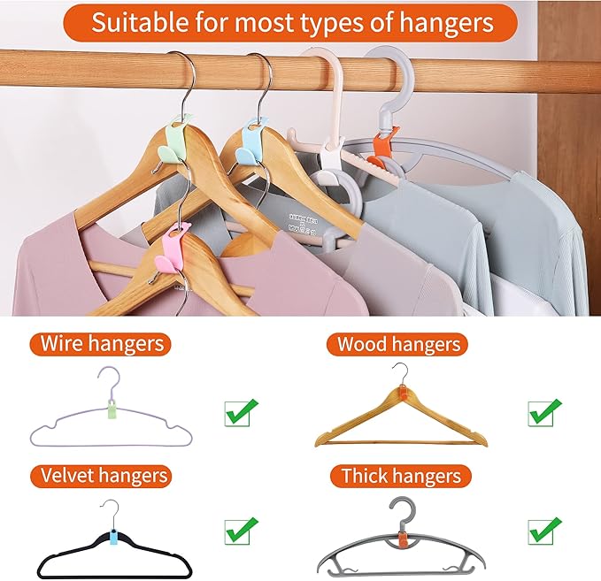 SLMT 50PCS Space-Saving Hanger Connector Hooks, Closet Organizer Extender for Plastic, Velvet, Wooden, Wire & Heavy Duty Clothes Hangers, Universal Fit (Multi-Color)