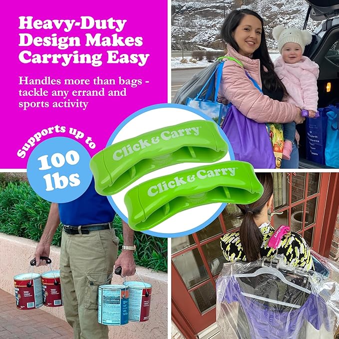Click & Carry Grocery Bag Carrier Handle - Carry More in Fewer Trips, 100lb Capacity, Hands-Free, Gel-Padded Ergonomic Design, Shopping & Grocery Bag Holder - As Seen On Shark Tank, Green, 2 Pack