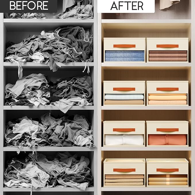 Drawer Organizers and Storage - 10 Pack Foldable Pants Organizer with Clear Window & Handles, Fabric Closet Organizer for Clothes, Jeans, Sweaters, Towels, T-shirt, Scarf (Beige)