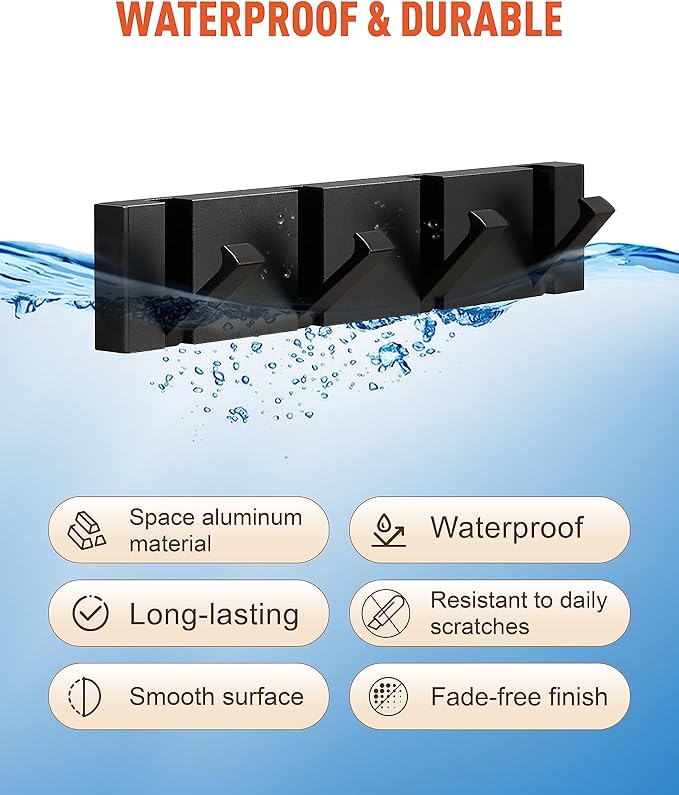 2 Pack，Elegant Black Waterproof Wall Hooks, Foldable Towel Hooks for Bathrooms - Stylish Coat Hooks Wall Mounted - Ideal for Bathroom, Kitchen, Balcony Décor - Space-Saving Storage Solution
