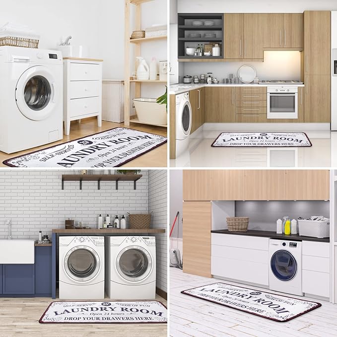 Laundry Room Long Mat Area Rug Non-Slip Floor Mat Waterproof Farmhouse Carpet for Kitchen 40" x 20"(White-1)
