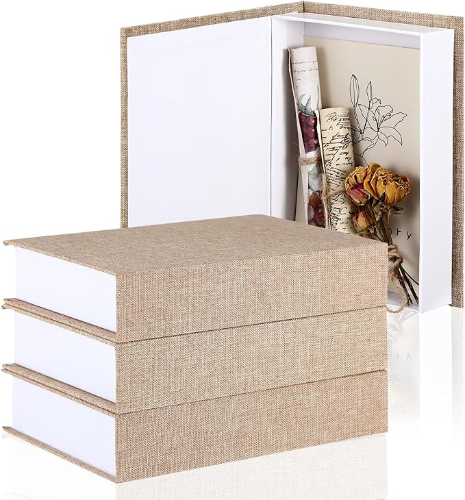 Tioncy 3 Pcs Fake Book Box Neutral Linen Book Box Decorative Faux Prop Storage for Farmhouse Home Decor shelf Table Card Photo DIY Keepsake Gift(8.6 x 6.1 x 1.8 Inch,Khaki)