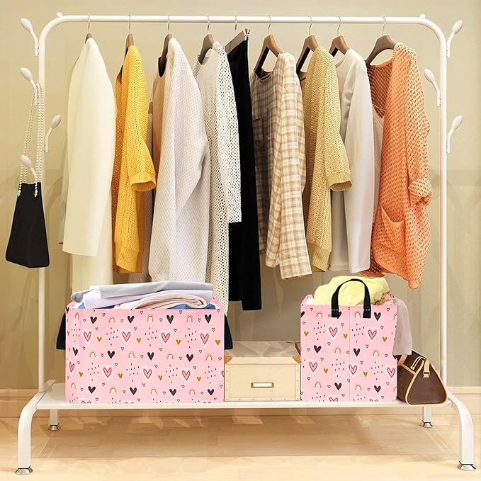 valentines basket Rec Pink Heart Print Box Hamper Storage Basket Collapsible Organizer Bin Gift Shelf Baskets for Home and Kitchen Storage