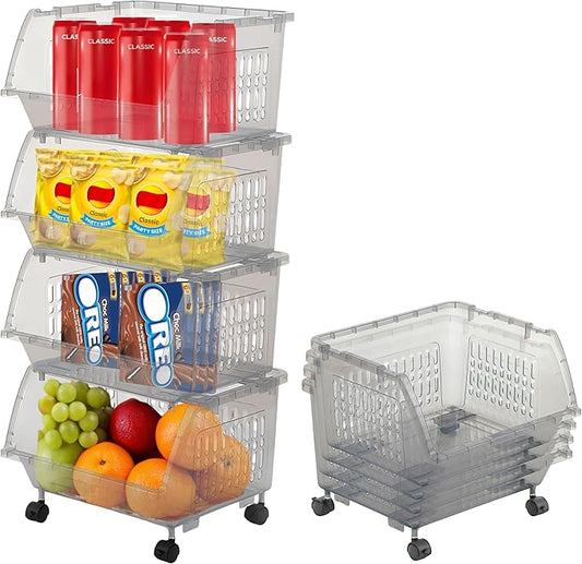 TidyFriend Plastic Stackable Bins - 4 Pack Large Stacking Bins Open Front For Toy Organizers and Storage, Pantry, Kitchen, and Bathroom Essentials (Light Grey)