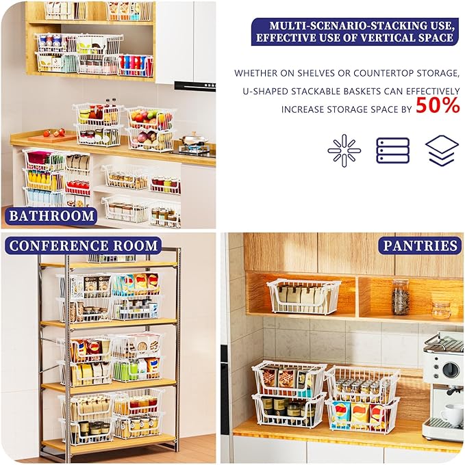 6 Pack Enhanced Leak-Proof Bottom Stackable Wire Baskets, Pantry Organizers and Storage, pantry storageï¼Shelf Baskets, Fruit Basket, Potato and Onion Storage Binsï¼(White)