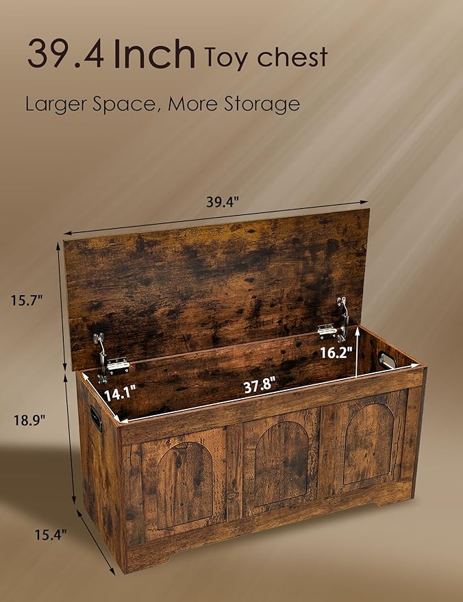 DINZI LVJ Storage Chest, 39.4â Wooden Toy Box with 2 Safety Hinges, Entryway Shoe Bench with Flip-Top, Sturdy Large Storage Trunk for Living Room, Bedroom, Playroom, Easy Assembly, Rustic Brown